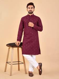 Nouveaux Festivals de présentation spécial coton tissu broderie miroir travail hommes Kurta avec pyjama à vendre en ligne - Product Image 6