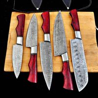 Professioneel messenset Damascus VG-10 stalen kern lemmet koolstofstaal lederen schede comfortabele grip huishoudelijk en commercieel gebruik