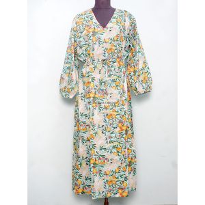 Nouvelle robe décontractée pour femme, imprimée à la main, à manches bouffantes, col en V, grande taille, silhouette droite, longueur cheville, taille naturelle - Product Image 1