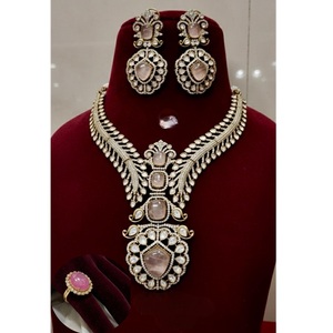 Exclusive Premium Quality Gold Plated Next To Real Moissanite Doublet Choker With Earrings & Adjustable Doublet <b>Ring</b> Set - Product Image 1