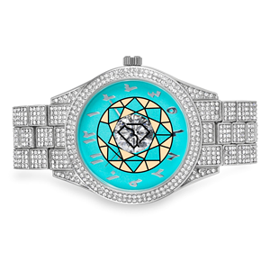 Luxury Lab Diamond <b>Watch</b> Analog Quartz Stainless Steel Band Turquoise Dial Round <b>Case</b> Butterfly Clasp - Product Image 3