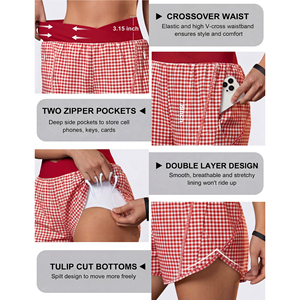 Shorts de sport pour femmes à taille haute, à carreaux rouges, séchage rapide, taille élastique, coupe ample, shorts de course et de gym avec poches - Product Image 4