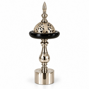 Brûleur à Bakhoor en métal de luxe |   Grand Porte-Encens Arabe Noir et Argenté, Dôme Orné pour Oud, Encens, Décoration Maison, Hôtel, Majlis - Product Image 1
