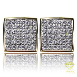 Pendientes de botón cuadrados de plata de ley 925 de lujo con diamantes cultivados en laboratorio, tono dorado, brillantes y deslumbrantes, joyería de moda para mujer. - Product Image 1