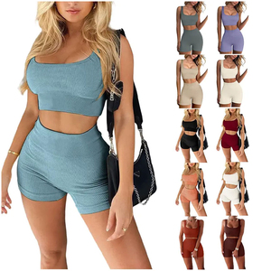 Women Ribbed Knit <b>Crop</b> <b>Top</b> Shorts Set Sleeveless <b>Turtleneck</b> Sporty Printed Streetwear Skinny Fit Polyester Cotton Breathable - Product Image 5