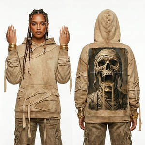 Sudadera con capucha beige personalizada para mujer, estilo vintage, oversize, con estampado de calavera en la espalda, borde sin rematar, estilo streetwear - Product Image 1