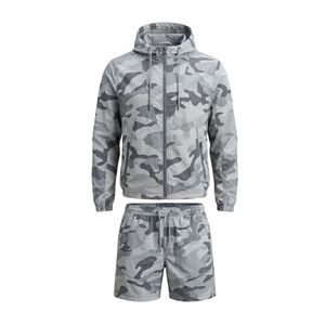 Two Piece Camouflage <b>Camo</b> Print Gray White Pattern Windbreaker Short Set Breathable Hooded <b>Jacket</b> And Shorts Sets - Product Image 2