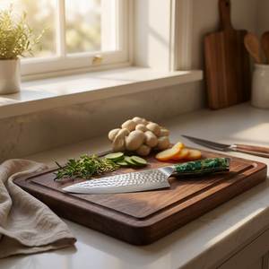 Planche à découper en bois avec rainure pour les jus, planche de cuisine durable, surface en bois naturel pour la préparation des aliments, décoration pour la maison et l'hôtel - Product Image 2