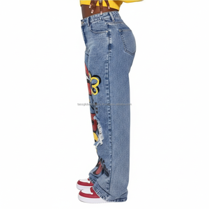 Jeans de mezclilla de punto con gráfico de dibujos animados Y2K, transpirables, rasgados, de corte holgado, cintura alta, para mujer, estilo urbano, casual, lavado de otoño, OEM - Product Image 2
