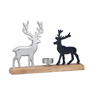 Latest Collection Christmas Decoration Silver Black Reindeer Sculpture Tealight <b>Candle</b> Holder Wood Base Reindeer Reusable Metal - Product Image 1