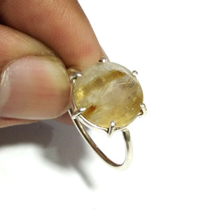 Bague en argent sterling 925 avec pierre précieuse en quartz rutilé doré naturel, motif floral bohème, bague statement - Product Image 3