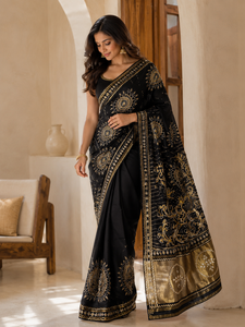 Sari de Seda Moonga Morado de CHOHAN TEXTILE, Largo hasta el Suelo, Sin Arrugas, de Secado Rápido, con Protección Solar, Borde Dorado Zari, Estilo Vintage para Bodas y Fiestas - Product Image 1