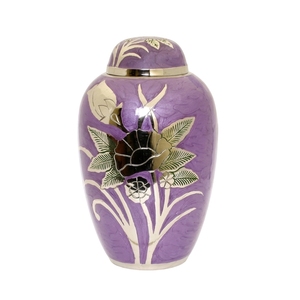 Nueva Urna Funeraria de Latón Macizo en Color Morado Perla Suave, Recipiente Conmemorativo Grande con Detallados Flores Plateadas Grabadas - Product Image 1