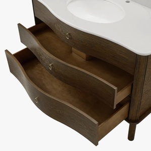 Meuble-lavabo de salle de bain moderne en bois courbé, étanche, avec trois tiroirs et poignées en laiton, unité de rangement sur pied - Product Image 6