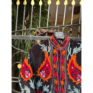 Chaqueta Bomber Vintage Ecológica de Terciopelo Tejido a Mano con Bordado, Cuello Mandarín, Manga Larga, Estampado Floral, Corta para Mujer - Product Image 2