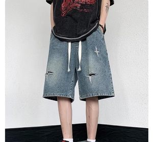 Shorts en jean pour homme, taille élastique, déchirés, style décontracté, 100% coton, tissu en laine, shorts vintage - Product Image 3