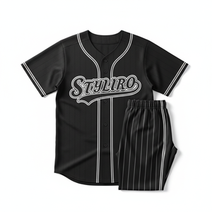 Ensemble de maillot de baseball pour femmes Styliro, pantalon rayé noir, manches courtes, boutons sur le devant, polyester respirant, uniforme adulte toutes saisons - Product Image 1