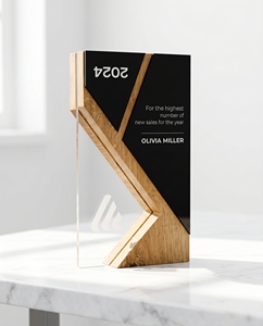 Premium Square Acrylic Crystal Award with Wooden Base Custom Offset Printed Recognition <b>Trophy</b> Recyclable Durable - Product Image 1