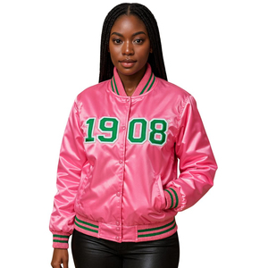 Chaqueta Bomber Universitaria de Satén Rosa para Unisex, Estilo Deportivo, Primavera, Ropa Griega Universitaria, Apliques Bordados en la Parte Delantera - Product Image 1