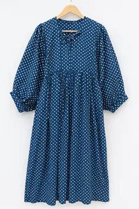 Robe maxi bleue à pois pour femmes, coupe ample, col en V, manches bouffantes, robe décontractée, tissu tissé 100% coton respirant - Product Image 5