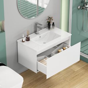 Mobile Bagno Sospeso da 32 Pollici con 1 Ampio Cassetto, Sistema Soft-Close, Lavabo in Ceramica, Design Senza Maniglie, Finitura in Legno Massello Verniciato - Product Image 4