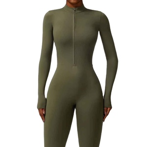 High Quality Crew Neck High Skinny Knitted Yoga Women <b>Bodysuit</b> Jumpsuit Set Tummy <b>Control</b> Breathable Quick Dry Spandex/Polyester - Product Image 1