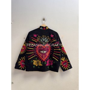 Fezan Handicrafts Black <b>Velvet</b> Jacket Y2K Stand Collar <b>Coat</b> Hand Embroidered Eye Heart Floral Pattern Winter Outerwear - Product Image 1