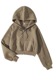 Sudadera con capucha corta de forro polar para mujer con cremallera completa, manga larga, cordón ajustable, hombros caídos, transpirable - Product Image 3