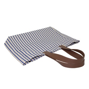 Tokra Impex Striped Medium Beach Tote Bag with PU Handle Polyester Lining Inside <b>Zip</b> Pocket V Pocket 12 OZ Natural Canvas - Product Image 3