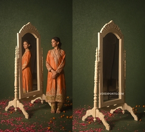 <b>Antique</b> Distress Beige Hand-Carved Standing Psyche Mirror Traditional Standing Mirror <b>Frame</b> - Product Image 2