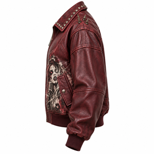 Maroon <b>Women</b> Genuine <b>Leather</b> Oversized <b>Bomber</b> <b>Jacket</b> Custom Graphic Printed Studded Edge Outerwear OEM Factory Provider - Product Image 4