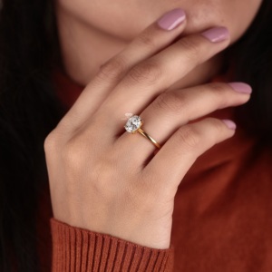 แหวนหมั้นเพชรทรงรี 14K ทองคำแท้ เพชรเพาะเลี้ยงแบบโซลิแทร์ แหวนแต่งงานคลาสสิก แหวนสำหรับใช้ในชีวิตประจำวัน ผู้ผลิตและจำหน่ายเครื่องประดับสั่งทำ - Product Image 2