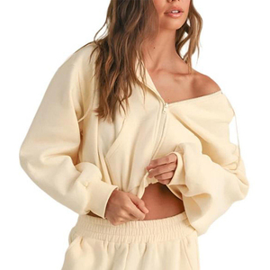 Hoodie court crème pour femme, personnalisé, à épaules tombantes, manches longues, zippé, coupe oversize, pour l'hiver, vente en gros - Product Image 4