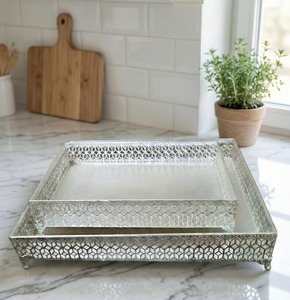 Handmade Luxury <b>Silver</b> Iron Decorative Serving Tray Rectangular Metal Ottoman Tray Handcrafted <b>Coffee</b> <b>Table</b> Display Tray - Product Image 5