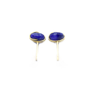 Handmade Dyed Sapphire Stud Earrings | 8mm <b>Blue</b> <b>Cushion</b> Wire Wrapped <b>Gold</b> Plated Fashion Stud Jewelry - Product Image 2
