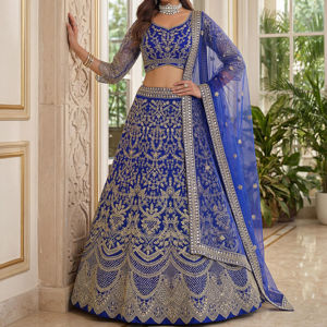 Ensemble Lehenga Choli traditionnel indien pour mariage, avec broderie de sequins et de jari, Choli et Dupatta, en soie et tissu résille, longueur ras du sol, tendance - Product Image 1