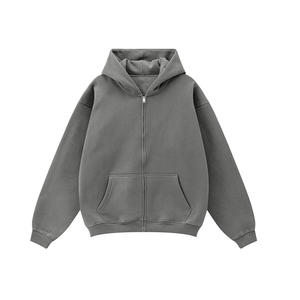 Solid Plain Basic Daily Full Zip <b>Hoodie</b> Men Durable Genuine <b>Stitch</b> Smooth Ribbed Fleece Outerwear Top Units - Product Image 3