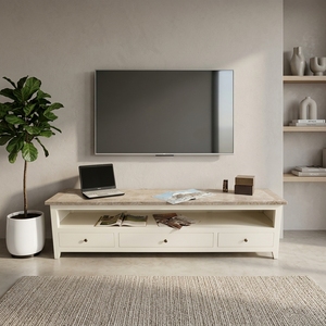 Meuble de salon en bois massif, buffet moderne style farmhouse, credenza bicolore avec base blanche et 3 tiroirs, meuble de rangement multimédia - Product Image 4