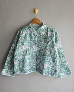 Green Floral Quilted <b>Jacket</b> <b>Mandarin</b> <b>Collar</b> Full Sleeve Cotton Spring Women's Coat Green floral quilted gift for her - Product Image 1