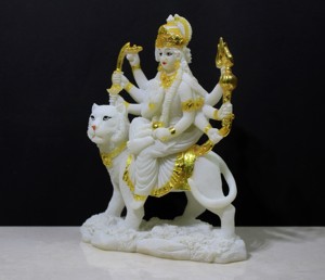 Estatua de la Diosa Durga de Resina Blanca con Detalles en Lámina de Oro, Hecha a Mano, Estilo Art Deco, Sherawali Mata Montada en un León, para Mesa o Templo en Casa - Product Image 2
