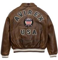 Blouson aviateur en cuir véritable marron pour homme avec patch drapeau américain, col rabattable, fermeture éclair, coupe-vent automne, style moto