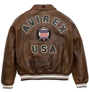 Men's <b>Brown</b> Genuine <b>Leather</b> Bomber <b>Jacket</b> With American Flag Patch Turn-down Collar Zipper Closure Autumn Windproof Moto Style - Product Image 4