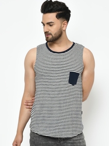 Camiseta sin mangas a rayas para hombre, cuello redondo, informal, de punto, de algodón, transpirable, con bolsillo - Product Image 4