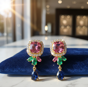 Colorful Gemstone <b>Earrings</b> Pink Oct Blue Hydro Green CZ 925 Sterling Silver Gold Plated <b>Small</b> <b>Earring</b> Ethnic Jewellery - Product Image 1