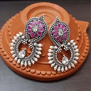 Vintage Ruby Floral Oxidized Brass Hoop Earrings with Pearl and Diamond Accents - Product Image 1