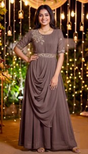 Multi Style Flaired Gowns Dupatta <b>Belt</b> Heavy Georgette Embroidery Hand <b>Work</b> Modern Design for Wedding/Party Occasions - Product Image 5