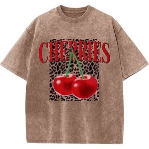 Camisetas con Estampado de Cerezas para Mujer, Camiseta Vintage con Estampado de Leopardo y Fruta de Cereza, Lavado Ácido, Cuello Redondo, Estilo Urbano - Product Image 1