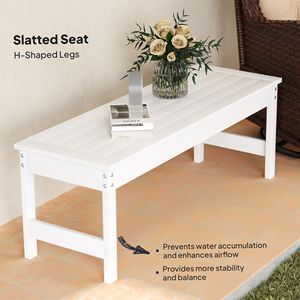 Panca da esterno in HDPE bianco per tutte le stagioni da 47 pollici, senza schienale, con doghe in ferro, per cortile, giardino, portico o parco - Product Image 6