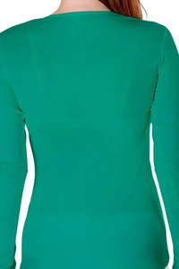 เสื้อยืดแขนยาวคอวีสีเขียวสำหรับผู้หญิง ทรงเข้ารูป ผ้าถัก สไตล์ลำลอง สีพื้น แฟชั่น OEM ODM - Product Image 3