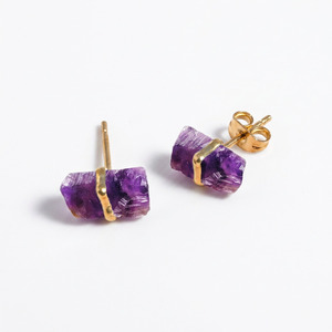 <b>Raw</b> Cut Amethyst Geometric Rectangular Stud Earrings Gold Plated Sterling Silver Wholesale Minimalist Bulk Jewelry - Product Image 3